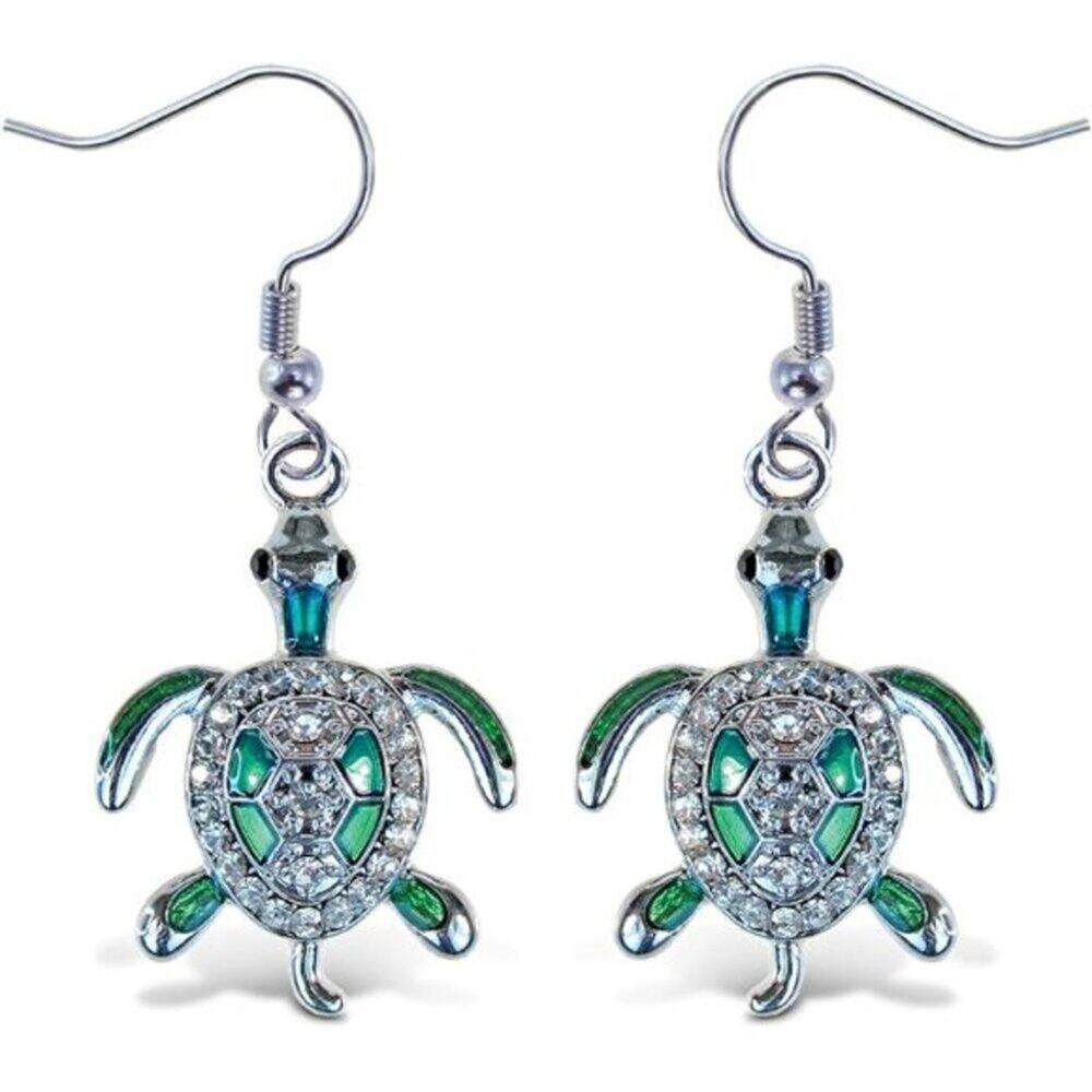 Sparkling Green Sea Turtle Drop Earrings Silver Tone Cute Ocean Animal Jewelry